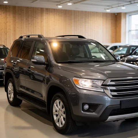 Suv gris moyen avec barres de toit et grille robuste, éclairé par des lumières chaudes dans un showroom avec panneaux en bois et autres voitures en arrière-plan flou.