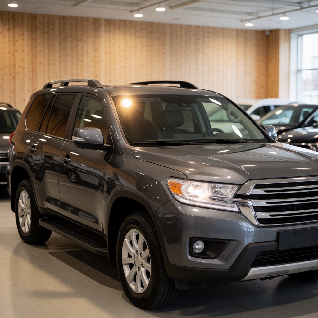 Suv gris moyen avec barres de toit et grille robuste, éclairé par des lumières chaudes dans un showroom avec panneaux en bois et autres voitures en arrière-plan flou.