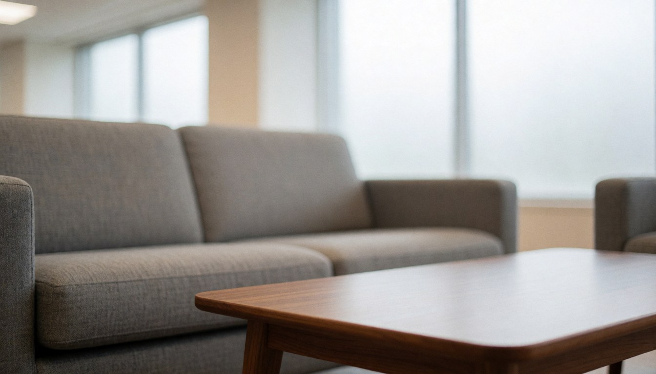 Fond professionnel de salle de vente avec canapé gris texturé et table en bois, lumière diffuse par les fenêtres, idéal pour textes commerciaux.