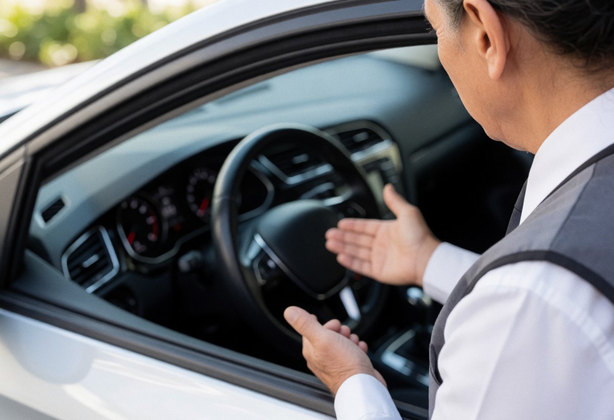 Un vendeur professionnel explique les caractéristiques du tableau de bord d'une voiture blanche depuis l'extérieur, avec l'intérieur visible et un focus sur les mains et le volant.