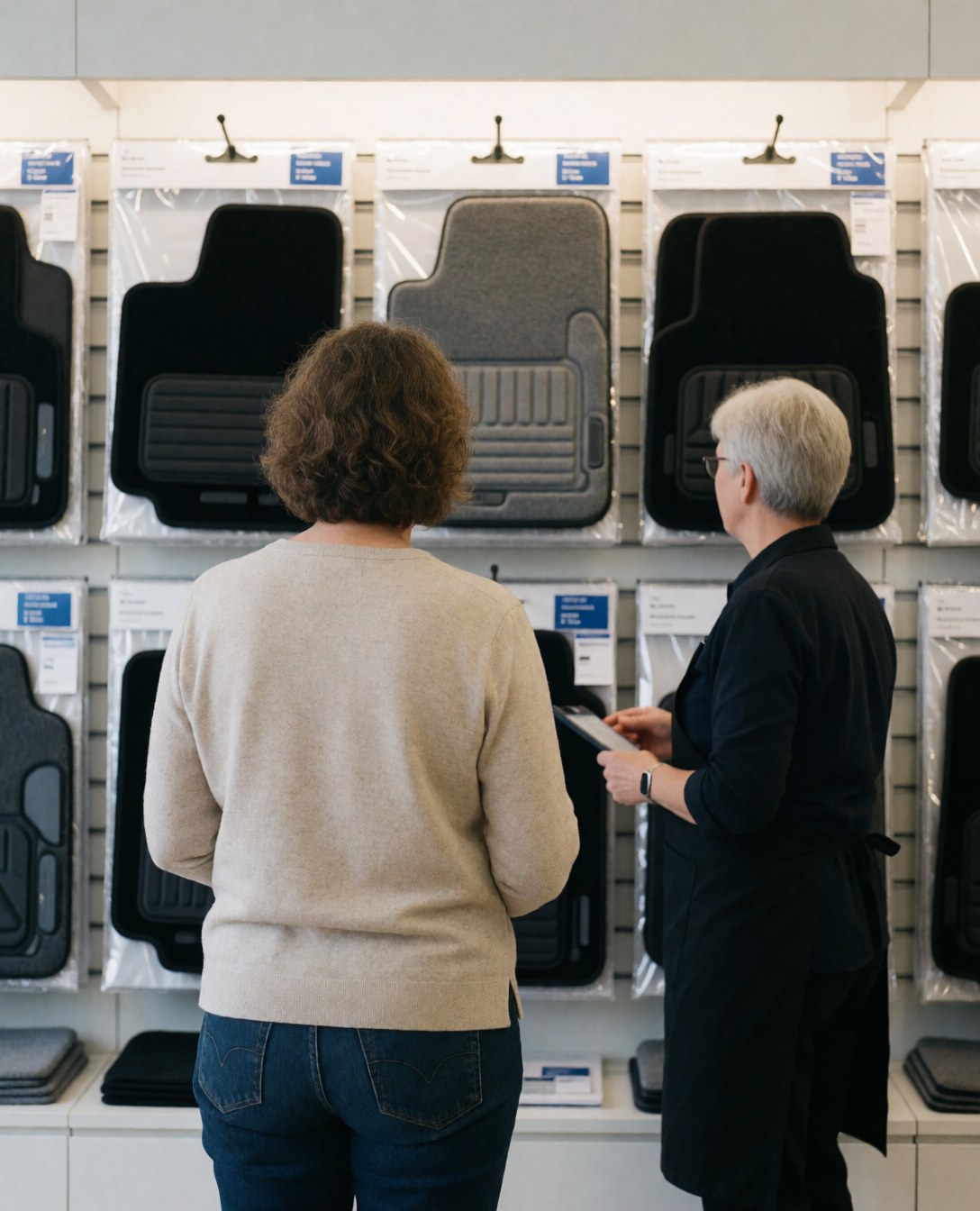 Une cliente et une vendeuse vérifient les tapis de voiture dans un showroom. Elles regardent les options affichées au mur dans un cadre professionnel.