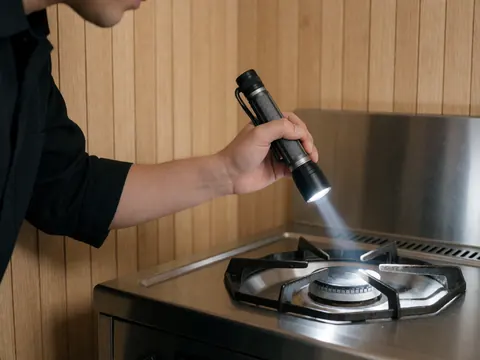 Un technicien examine une cuisinière en acier inoxydable à l'aide d'une lampe torche dans un environnement réel.