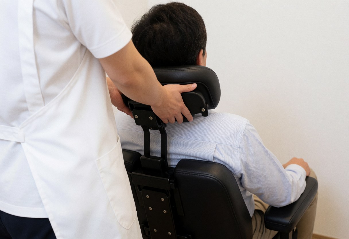 Un praticien en tablier blanc applique un massage shiatsu sur le cou d'un client assis dans une chaise ergonomique noire, dans un environnement professionnel et apaisant.