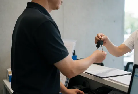 Un vendeur remet les clés d'un véhicule à un client derrière un comptoir, dans un cadre professionnel avec documents et mur en béton.
