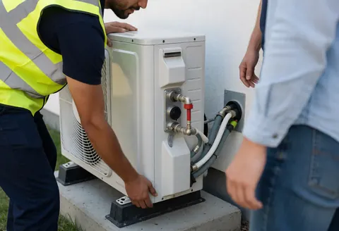 Un technicien en gilet jaune fixe une unité de chauffage sur un mur avec des tuyaux connectés pendant qu'un client observe.