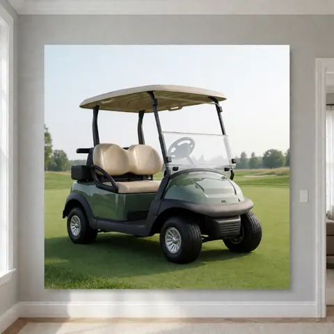 Une voiturette de golf verte avec des sièges beige stationnée sur un terrain de golf, l'image est imprimée sur un mur dans une pièce aux murs gris et au sol en bois.