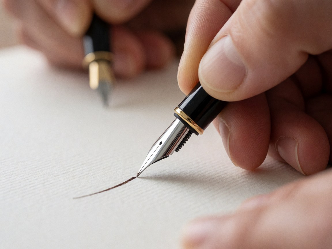 Une plume noire et dorée trace une ligne sur du papier texturé. Des mains adultes la tiennent avec précision. Le fond flou met en valeur le contact entre l'outil et le support.