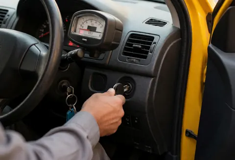 Gros plan d'une main insérant la clé de contact d'un taxi jaune. Le tableau de bord et les compteurs sont visibles sous un éclairage chaud et réaliste, illustrant un service en action.