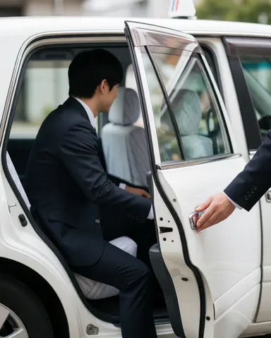 Un homme en costume monte dans un taxi blanc tandis que le chauffeur lui ouvre la portière. Intérieur propre, lumière naturelle et service professionnel.