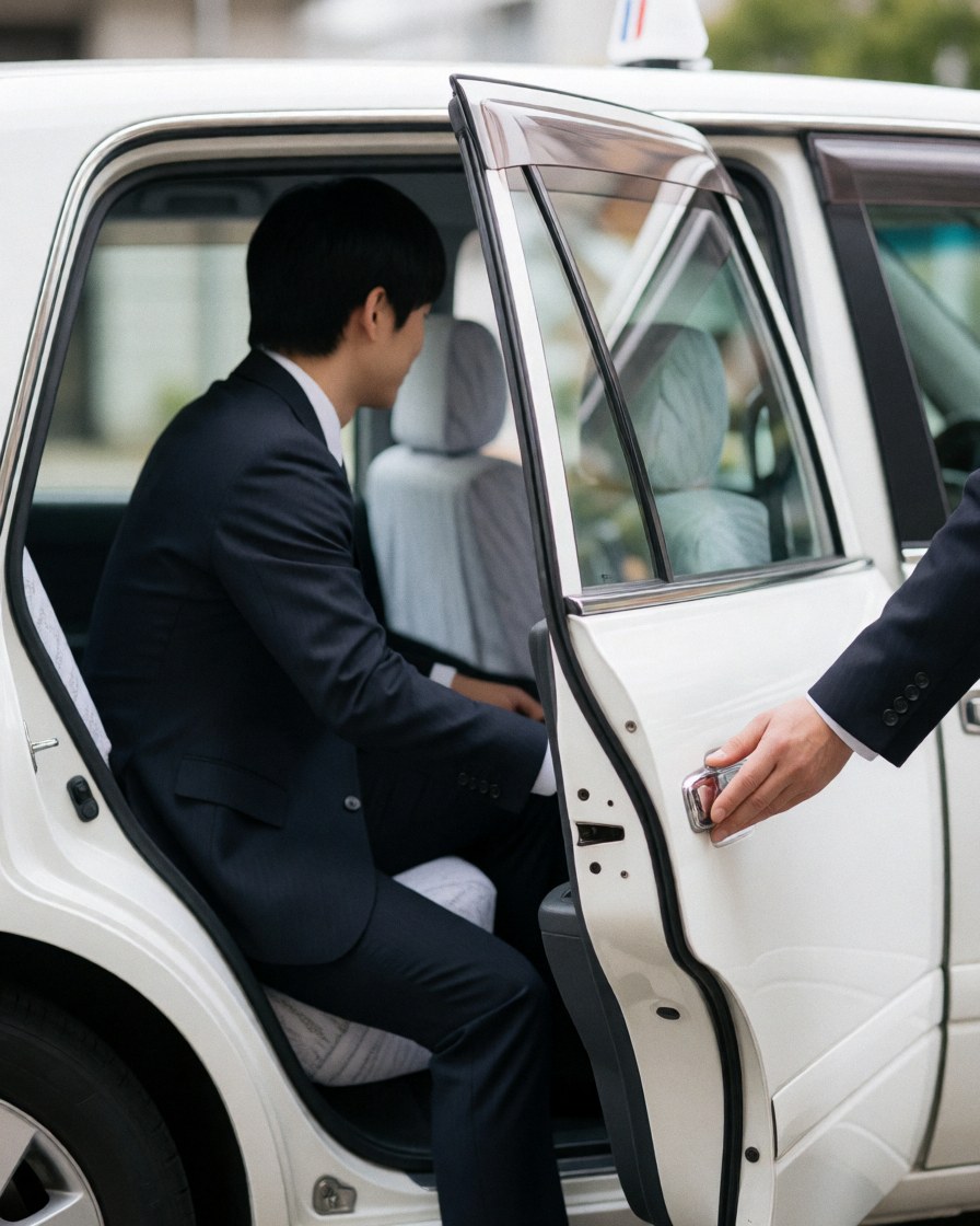 Un homme en costume monte dans un taxi blanc tandis que le chauffeur lui ouvre la portière. Intérieur propre, lumière naturelle et service professionnel.