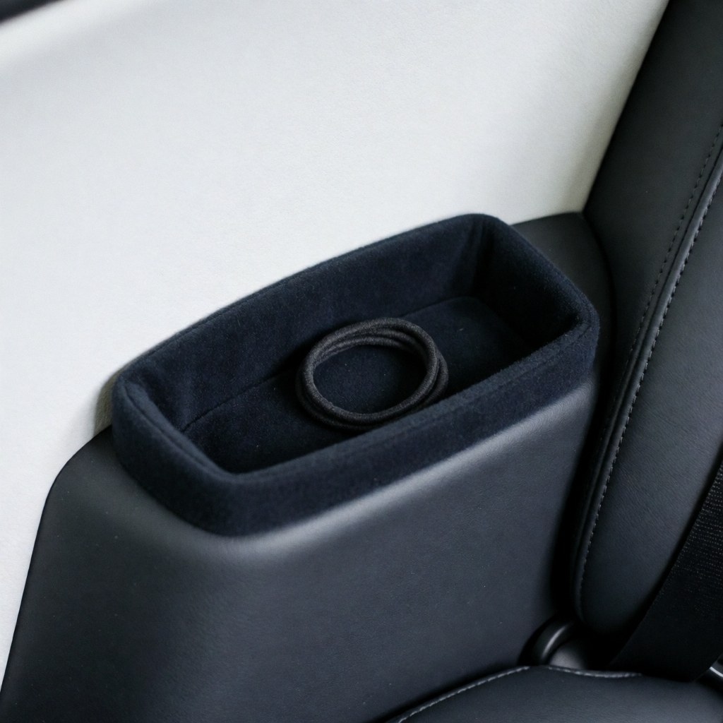 Détail d'un coussin noir posé sur l'assise d'un taxi, accompagné d'un élastique pour les cheveux, le tout sur un fond blanc propre et ordonné.
