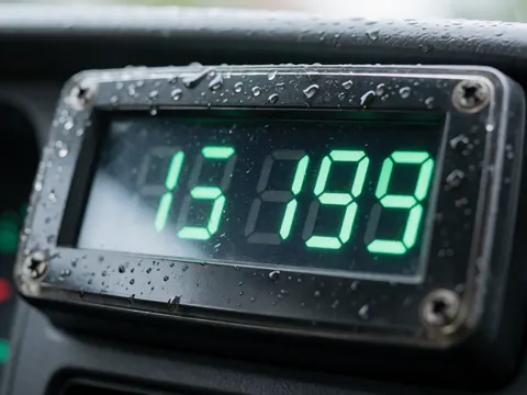 Compteur de taxi digital affichant temps et tarif en vert vif sur fond sombre, avec des gouttes de pluie sur la carrosserie à l'intérieur du véhicule.