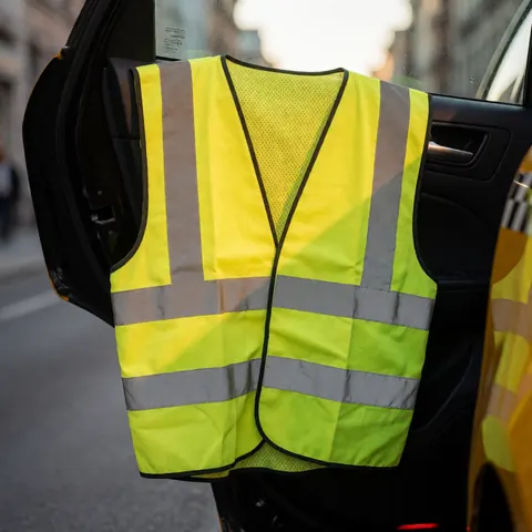 Un gilet de sécurité jaune vif avec des bandes réfléchissantes est accroché sur la portière ouverte d'un véhicule urbain, visible dans un contexte de rue.