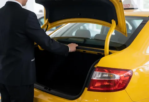 Un chauffeur de taxi ferme le coffre de son véhicule jaune, illustrant professionnalisme et attention au détail dans le service.
