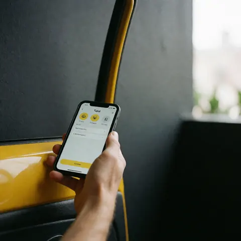Gros plan d'une main tenant un téléphone portable affichant une application de réservation de taxi, posé contre la porte latérale jaune d'un véhicule, sur un fond gris uni avec espace pour texte.