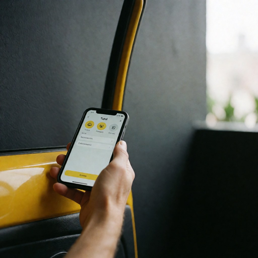Gros plan d'une main tenant un téléphone portable affichant une application de réservation de taxi, posé contre la porte latérale jaune d'un véhicule, sur un fond gris uni avec espace pour texte.