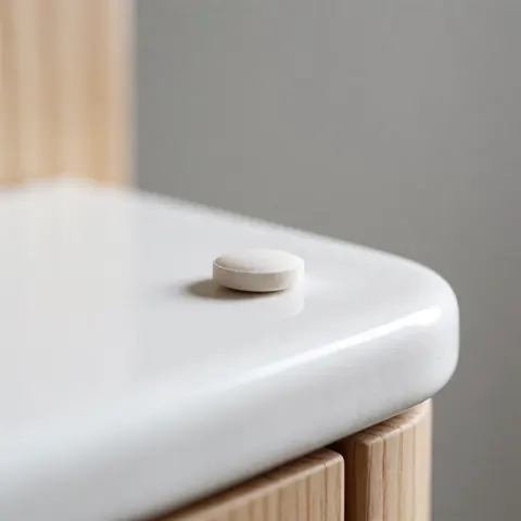 Un comprimé blanc posé sur un plan de travail en marbre blanc avec un fond gris flou et un mur en bois clair, éclairage doux et naturel.