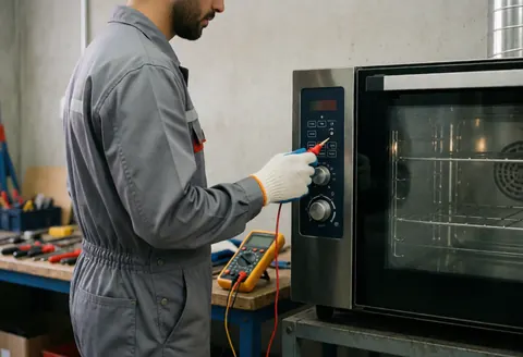 Un technicien en tenue grise examine un four électrique à l'aide d'un multimètre. Des outils sont posés sur un établi dans un atelier bien éclairé, mettant en avant la précision du travail.