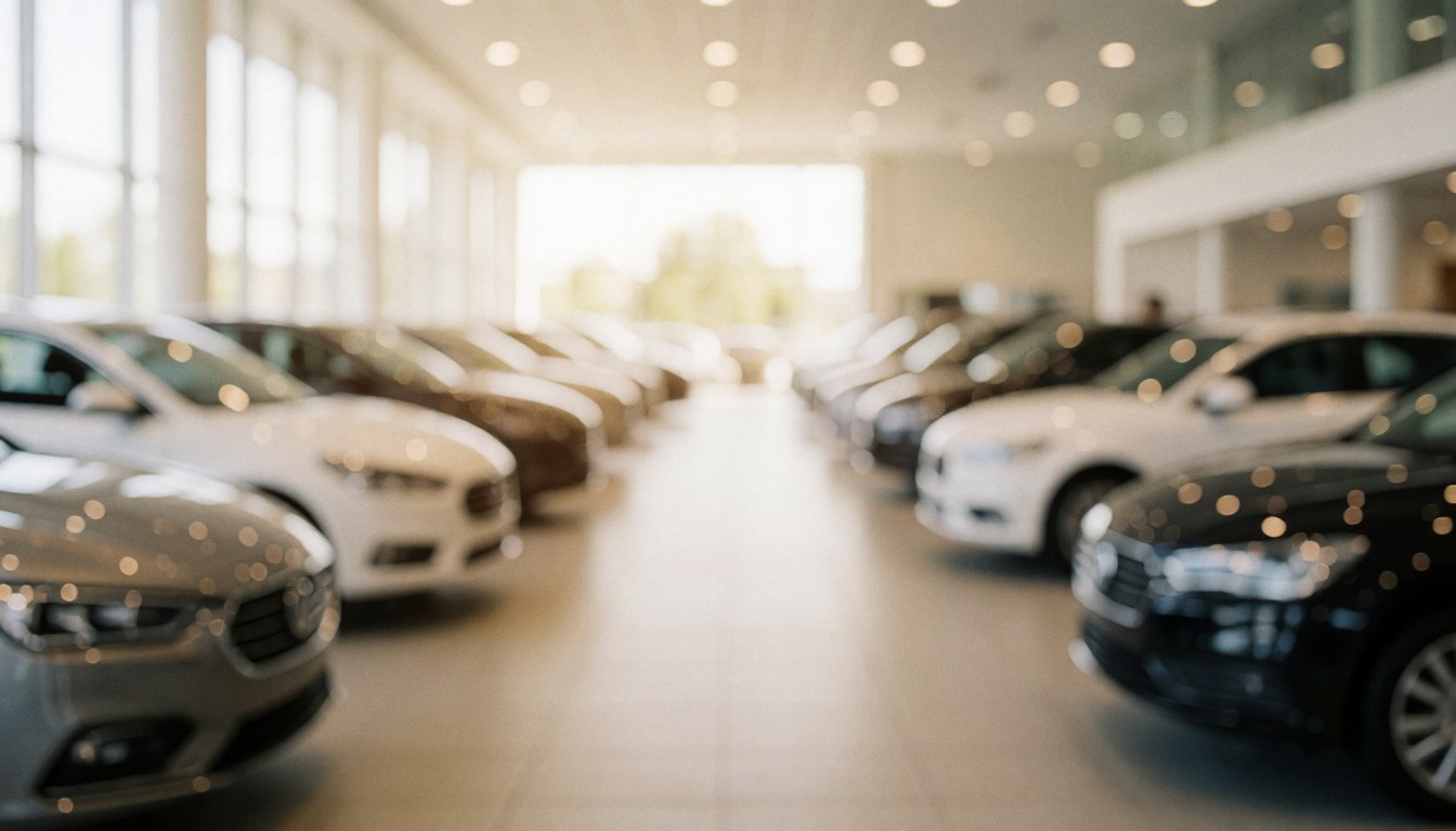 Arrière-plan de concession automobile avec des voitures en rangée, éclairage chaleureux et profondeur de champ douce pour insérer du texte.