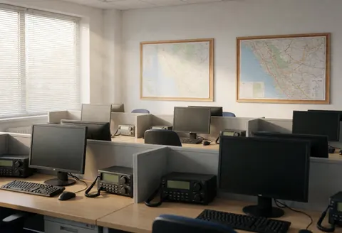 Intérieur d'un bureau de taxis vide comprenant des bureaux, des ordinateurs, des radios et des cartes murales éclairés par la lumière naturelle.