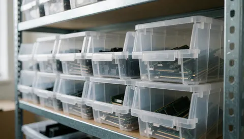 Étagère en métal remplie de boîtes transparentes abritant des composants informatiques, éclairage doux et arrière-plan flou idéal pour superposer du texte.