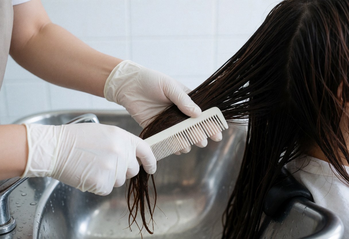 Un professionnel en gants blancs utilise un peigne large sur des extensions de cheveux sombres et brillantes dans un lavabo en acier inoxydable.