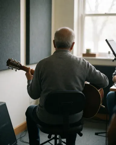 A senior individual seated on a swivel chair practicing an acoustic guitar in a natural light-filled rehearsal space with acoustic panels.