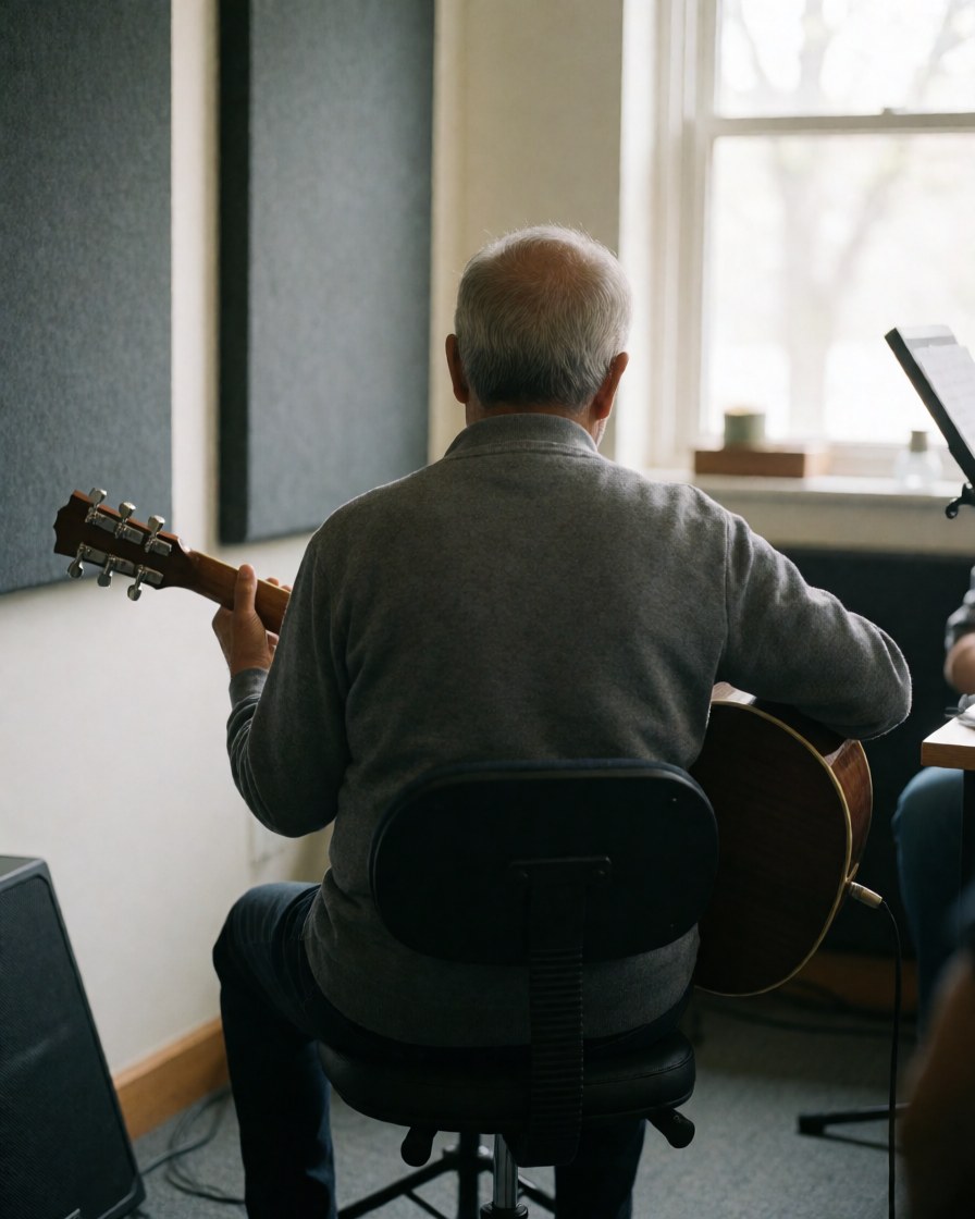 A senior individual seated on a swivel chair practicing an acoustic guitar in a natural light-filled rehearsal space with acoustic panels.