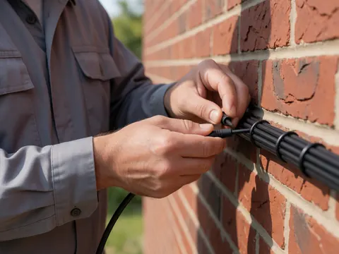 Un technicien installe un câble coaxial sur un mur en briques, avec des outils et un câblage organisé, en plein air sous la lumière du soleil pour une antenne terrestre.