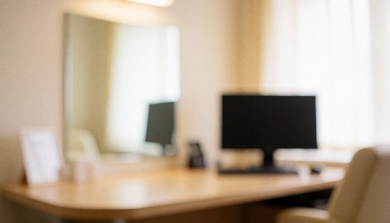 Arrière-plan de consultation médicale avec bureau, ordinateur, miroir et chaise, éclairage chaleureux et flou, idéal pour textes.
