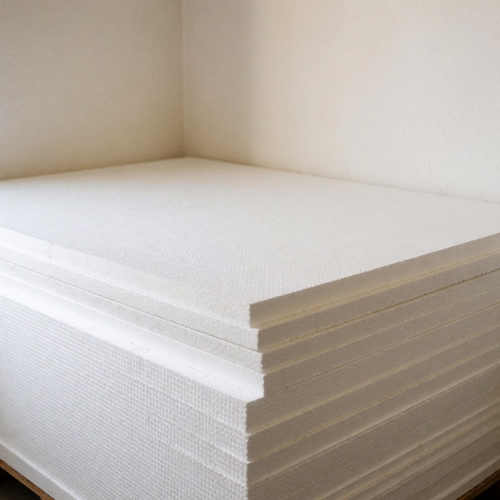 Une pile de panneaux d'isolation thermique blancs à la texture visible, empilés dans un coin d'entrepôt aux murs crème, éclairés par une lumière naturelle douce.