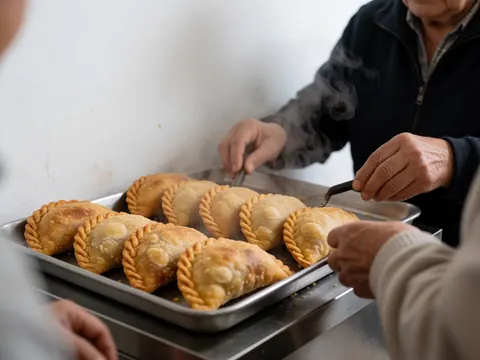 Des empanadas fraîchement cuites et fumantes posées sur un plateau en métal, avec de la vapeur s'élevant, des mains servant le plat dans un stand de vente mobile.