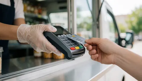 Client effectue un paiement par carte dans un camion de vente. Le vendeur, portant un gant jetable, tient un lecteur de cartes. Arrière-plan avec des produits sur des étagères et lumière naturelle.