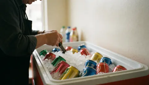 Un employé place des boissons colorées dans un contenant rempli de glace, sur fond crème clair, sous une lumière naturelle douce.