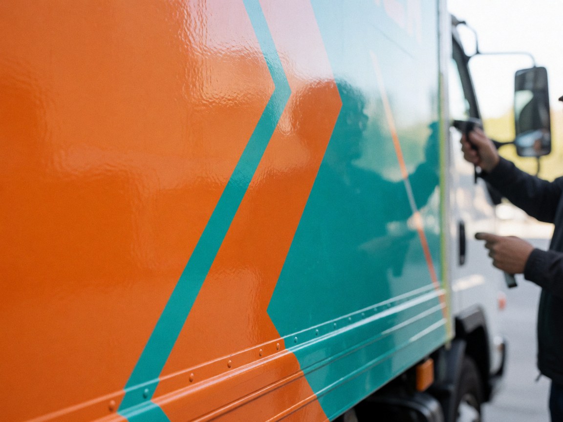 Détails d'un camion de marketing avec un vinyle orange et turquoise brillant, mains travaillant sur le panneau latéral sous lumière naturelle, fond de mur en béton lisse.