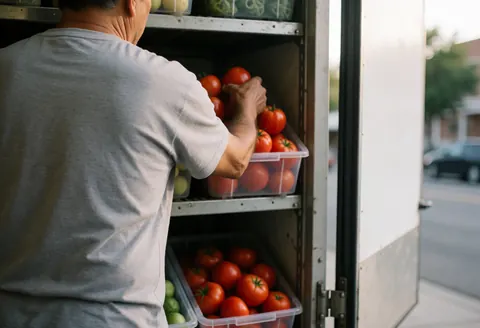 Un employé place des tomates rouges dans des caisses en plastique à l'intérieur d'un véhicule utilitaire ouvert, baigné par la lumière douce du coucher de soleil.