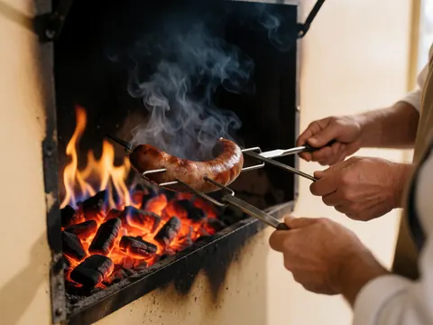 Des mains d'adulte cuisinant du chorizo sur un feu de charbon dans un camion, avec des flammes et de la fumée visibles.