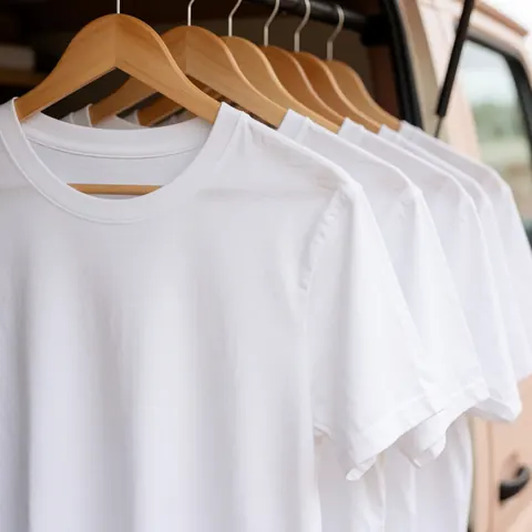 Des t-shirts blancs lisses suspendus à des cintres en bois à l'arrière d'un camion, avec un fond flou et une lumière naturelle douce.