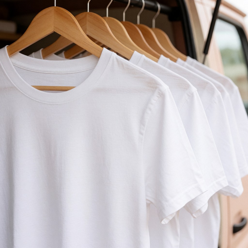 Des t-shirts blancs lisses suspendus à des cintres en bois à l'arrière d'un camion, avec un fond flou et une lumière naturelle douce.