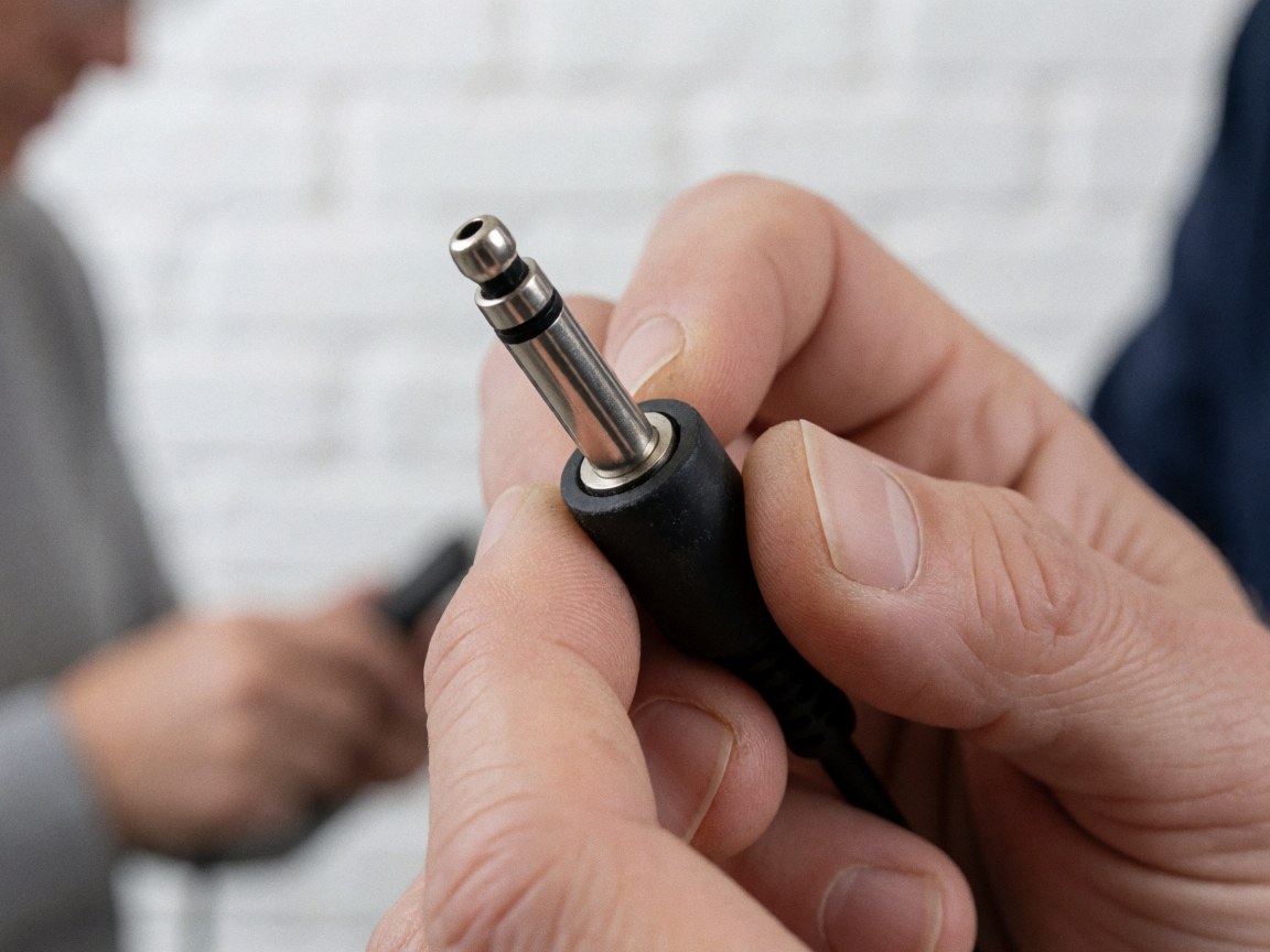 Gros plan sur des mains tenant un connecteur audio avec des détails métalliques brillants sur un fond de mur en briques blanches flou.