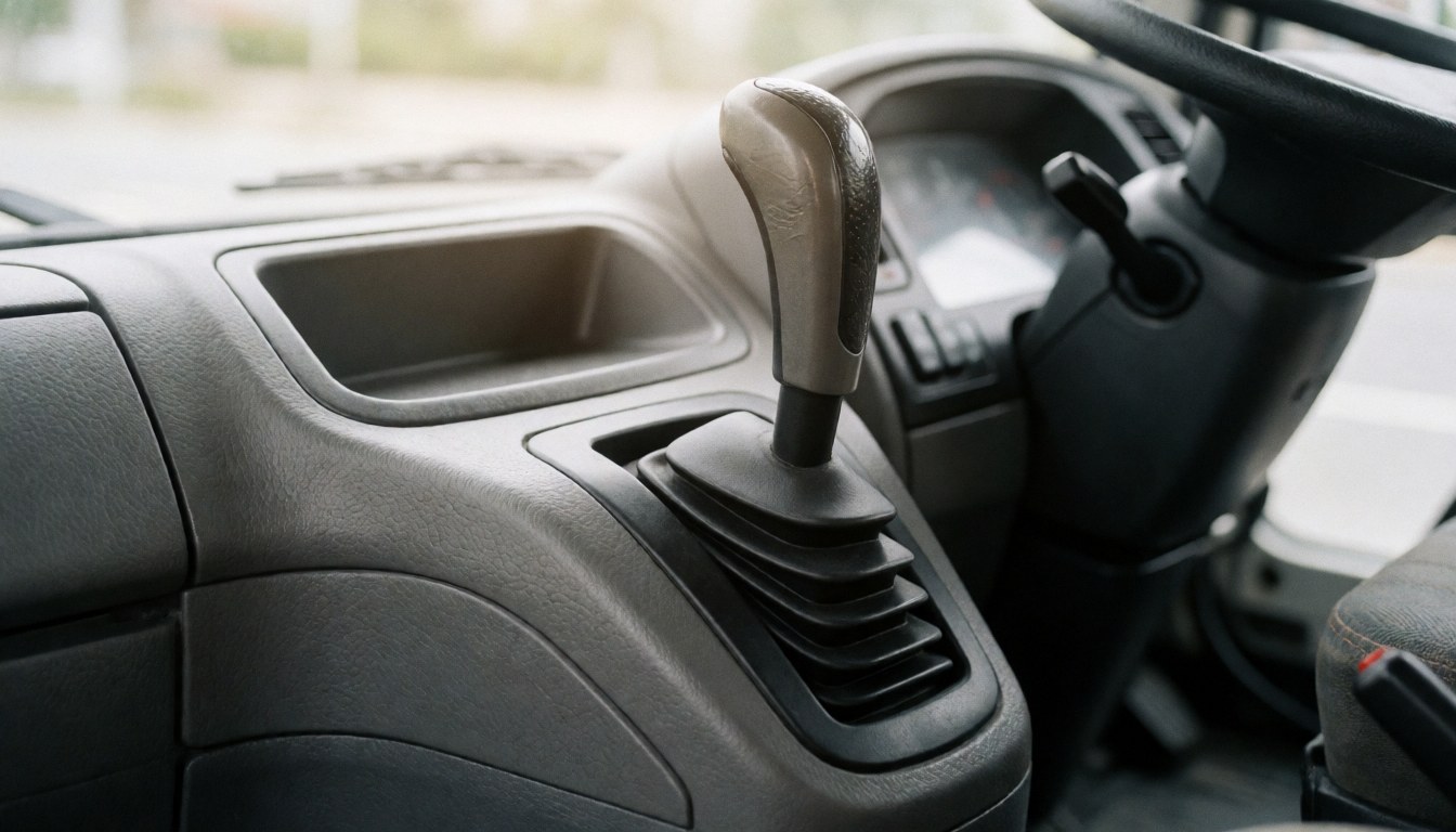 Vue intérieure du levier de vitesses métallique et de la console en plastique texturé d'un camion, baignée d'une lumière douce, offrant un arrière-plan neutre pour insérer du texte commercial.