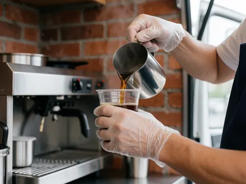 Des mains gantées versent du café chaud d'une carafe en acier inoxydable dans une tasse transparente, avec de la vapeur, devant un mur de briques rouges et une machine à café professionnelle.