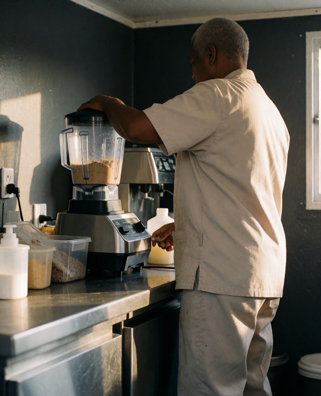 Un homme adulte travaille dans un camion de vente, utilisant un mixeur professionnel sous une lumière naturelle, dans un environnement de travail réel avec des murs gris.