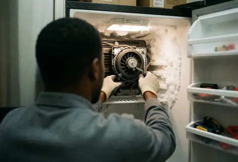 Technicien ganté effectuant la réparation du moteur du ventilateur à l'intérieur du compartiment congélateur d'un réfrigérateur, avec de la glace et des outils visibles.