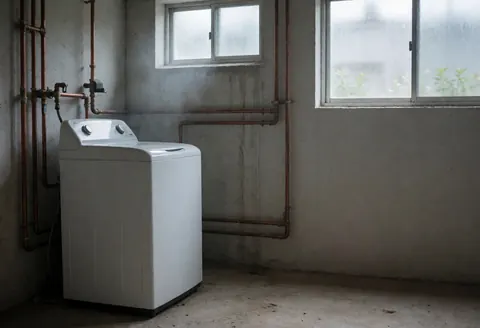 Machine à laver blanche dans un local technique avec murs en béton, tuyaux en cuivre visibles et lumière naturelle par les fenêtres. Idéal pour services de réparation.