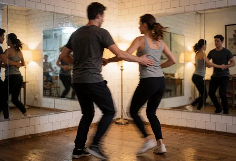 Deux personnes exécutent des pas de salsa dans un studio de danse équipé de miroirs, d'un sol en bois et d'un éclairage chaleureux, capturant l'énergie du mouvement.