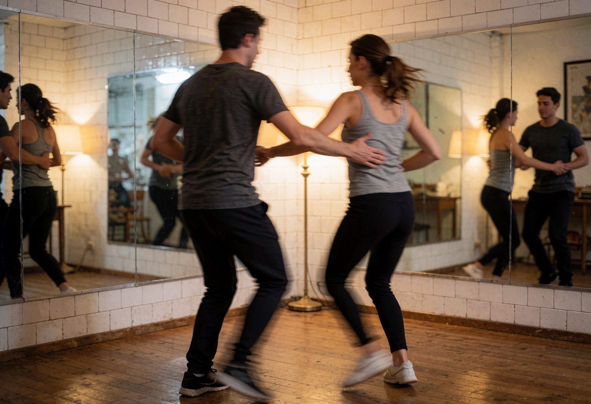 Deux personnes exécutent des pas de salsa dans un studio de danse équipé de miroirs, d'un sol en bois et d'un éclairage chaleureux, capturant l'énergie du mouvement.