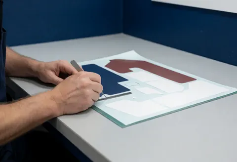 Un professionnel travaille avec précision sur une feuille de vinyle colorée posée sur une table grise, à l'aide d'un outil métallique dans un atelier aux murs bleus.