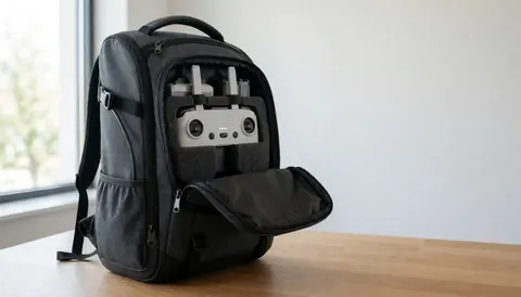 Sac de transport pour drone contenant son contrôleur et ses batteries posé sur une table en bois dans un bureau moderne éclairé par la lumière naturelle.