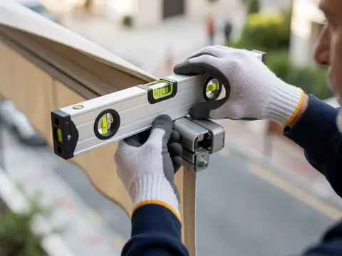 Technicien portant des gants utilise un niveau numérique sur le support d'un store en métal, avec un fond urbain flou et une lumière naturelle mettant en valeur l'outil.